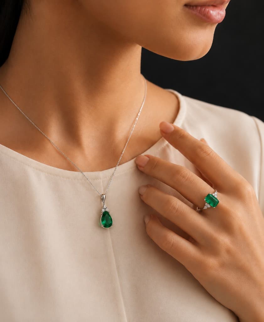 Luviamore — emerald pendant necklace and ring